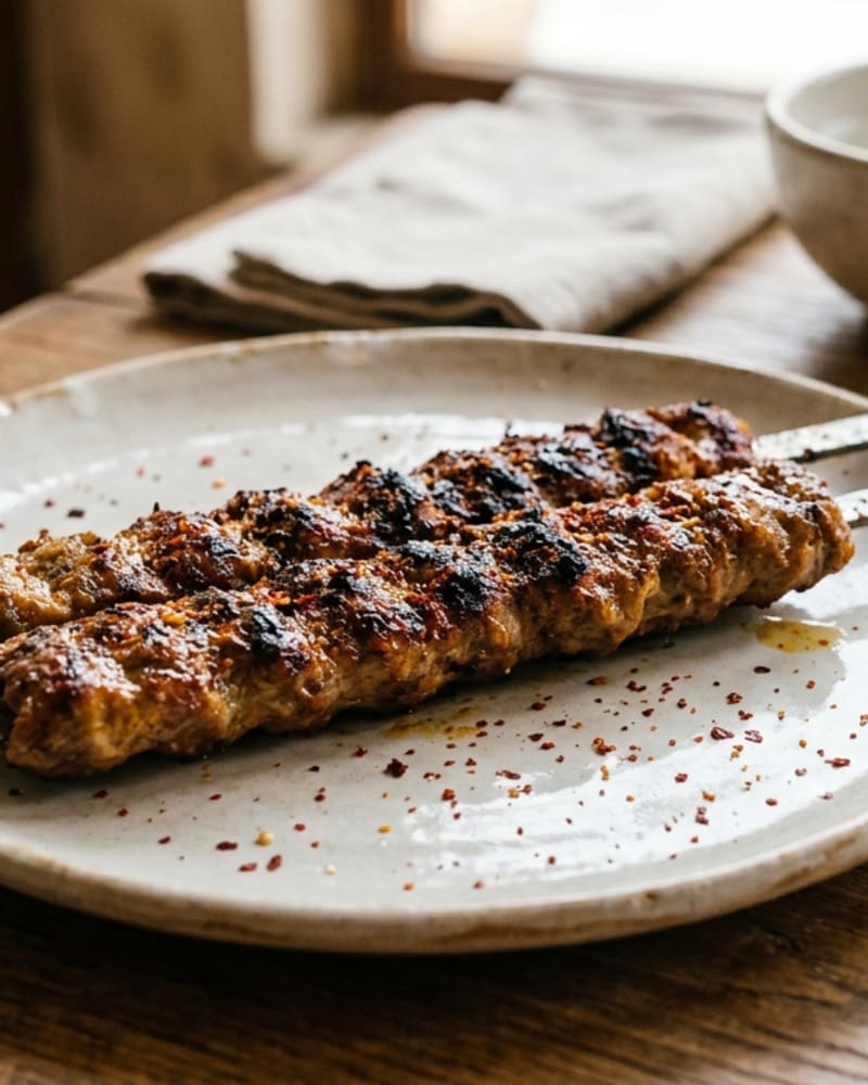 Adana kebab: two charred, spice-flecked lamb skewers on a speckled white plate scattered with red pepper flakes