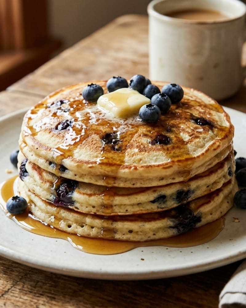 Blueberry pancakes recipe stack topped with butter, fresh blueberries and maple syrup on a cream plate beside a coffee mug