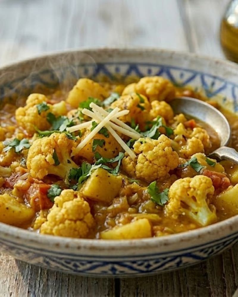 Aloo gobi recipe in a blue-patterned bowl, golden cauliflower and potato curry with tomato, cilantro and shredded ginger