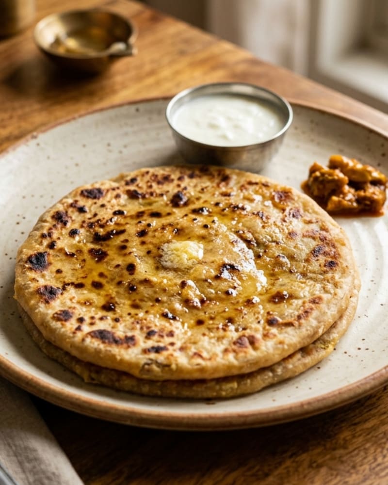 Aloo paratha recipe: two golden, blistered stuffed flatbreads with a pat of butter, yogurt and pickle on a ceramic plate