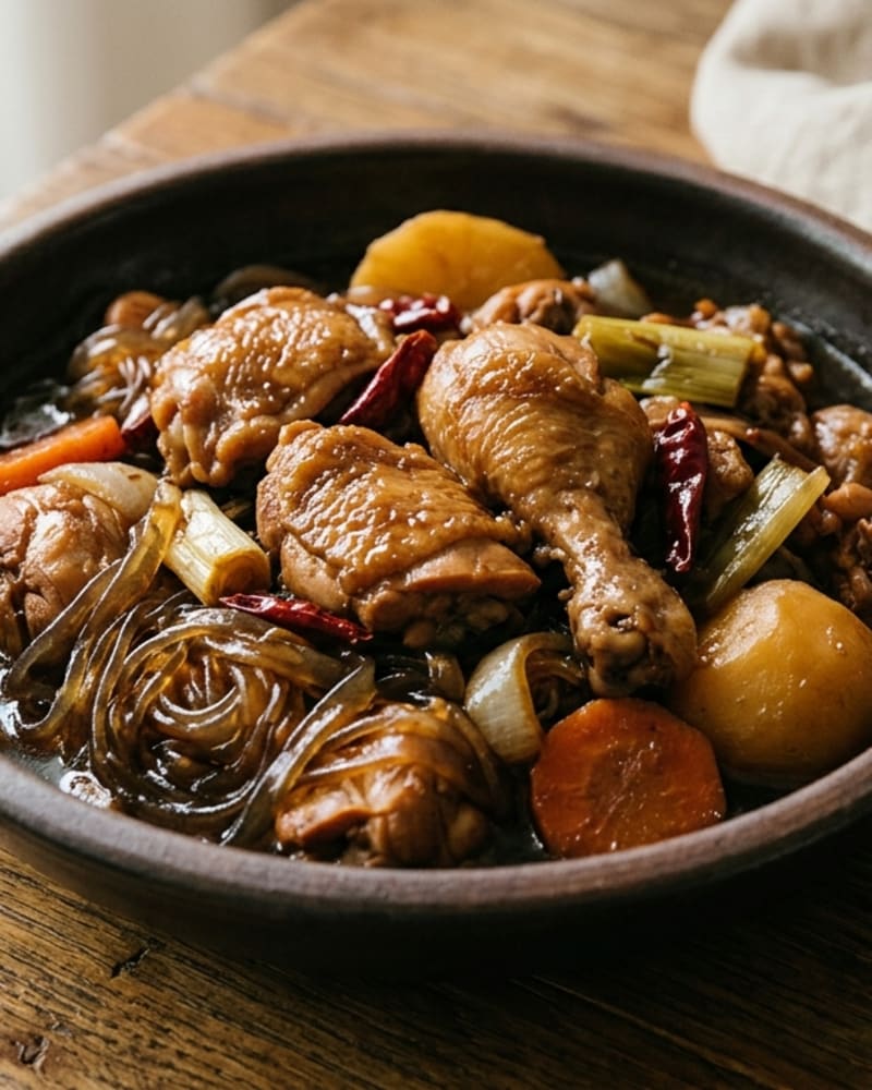 Andong jjimdak in a dark bowl: glazed chicken pieces, glass noodles, potato, carrot, scallion and dried red chilies
