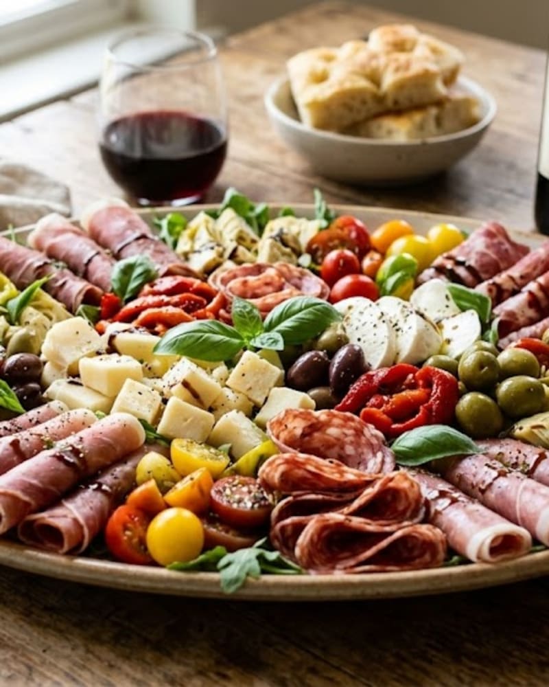 Antipasto platter with rolled cured meats, salami, mozzarella, olives, roasted peppers and artichokes, red wine behind