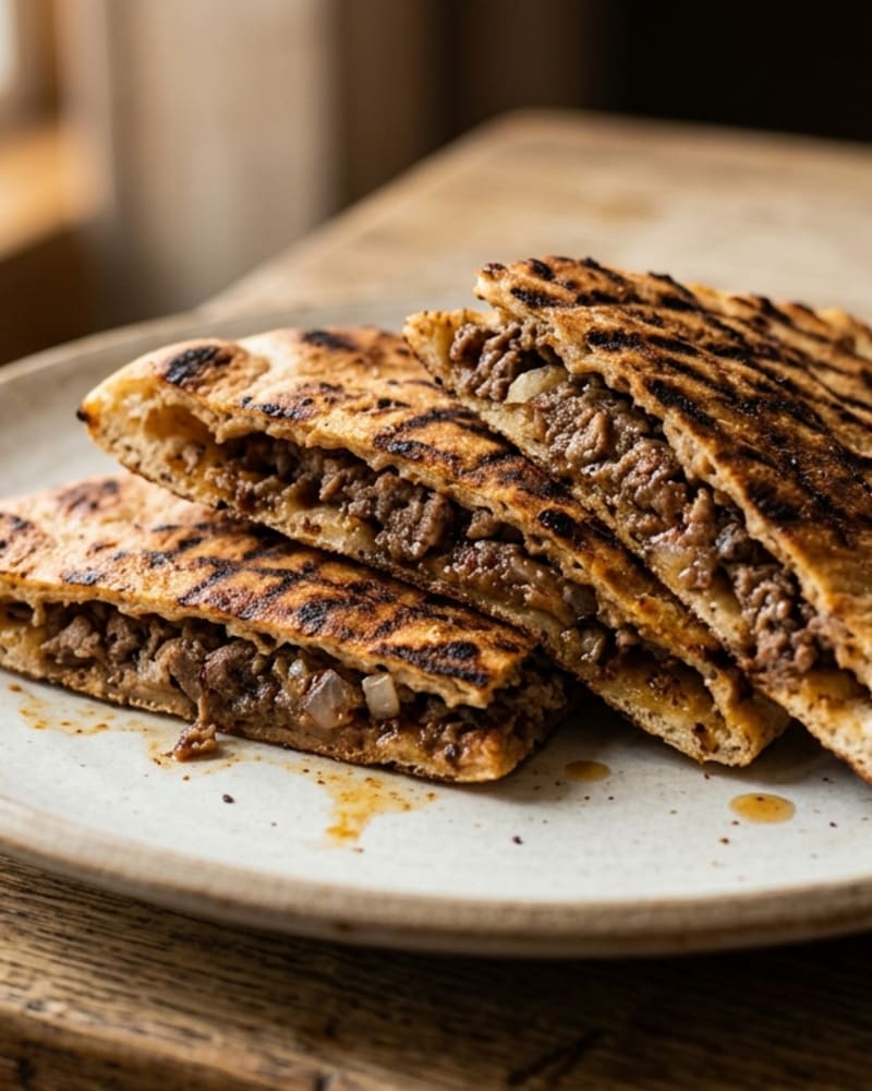 Arayes, grill-marked pita halves stacked on a plate, each stuffed with browned spiced ground beef and onion