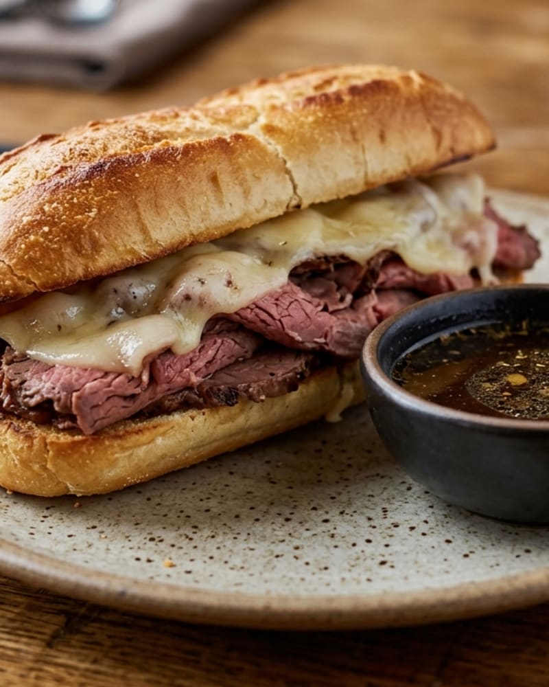 French dip sandwich of sliced roast beef and melted provolone on a toasted roll, with a small bowl of au jus
