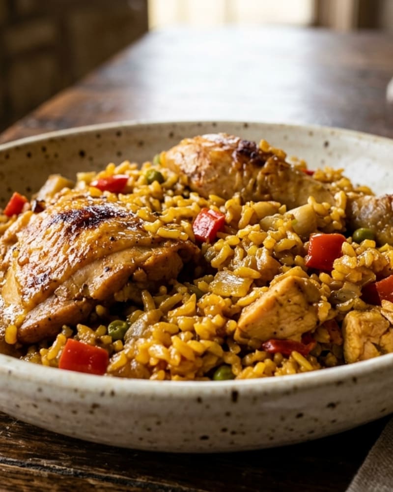 Arroz con pollo recipe in a speckled bowl: golden chicken thighs over yellow rice with red bell pepper and peas