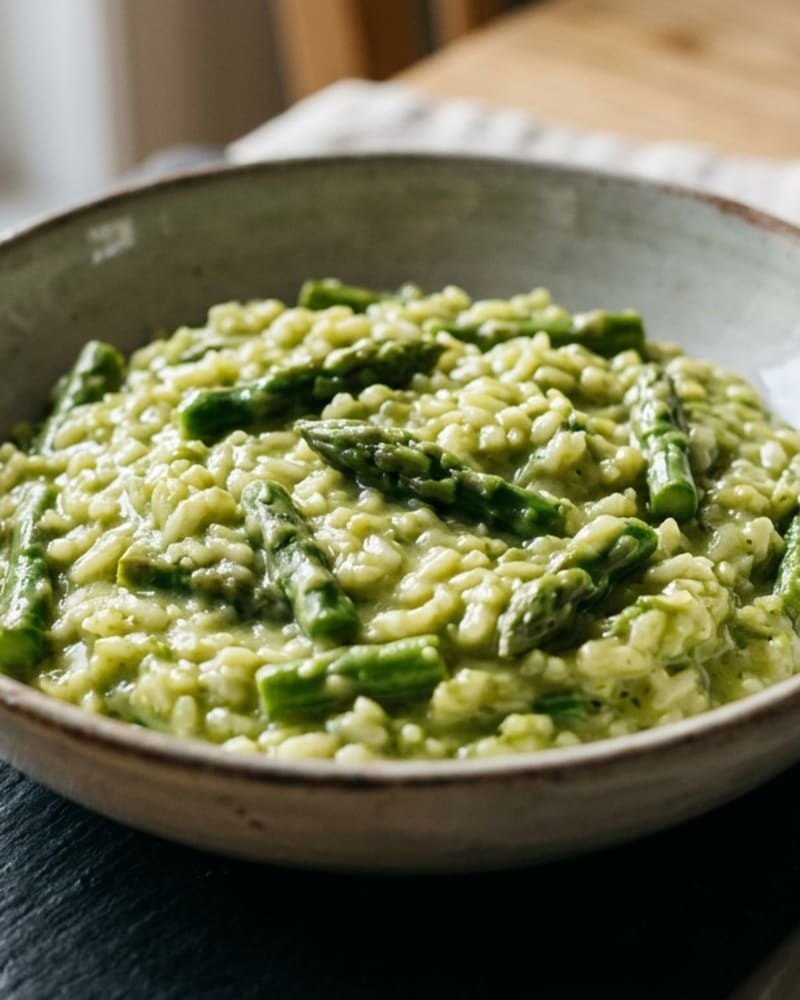 Asparagus risotto recipe in a stoneware bowl, creamy arborio rice studded with bright green asparagus pieces