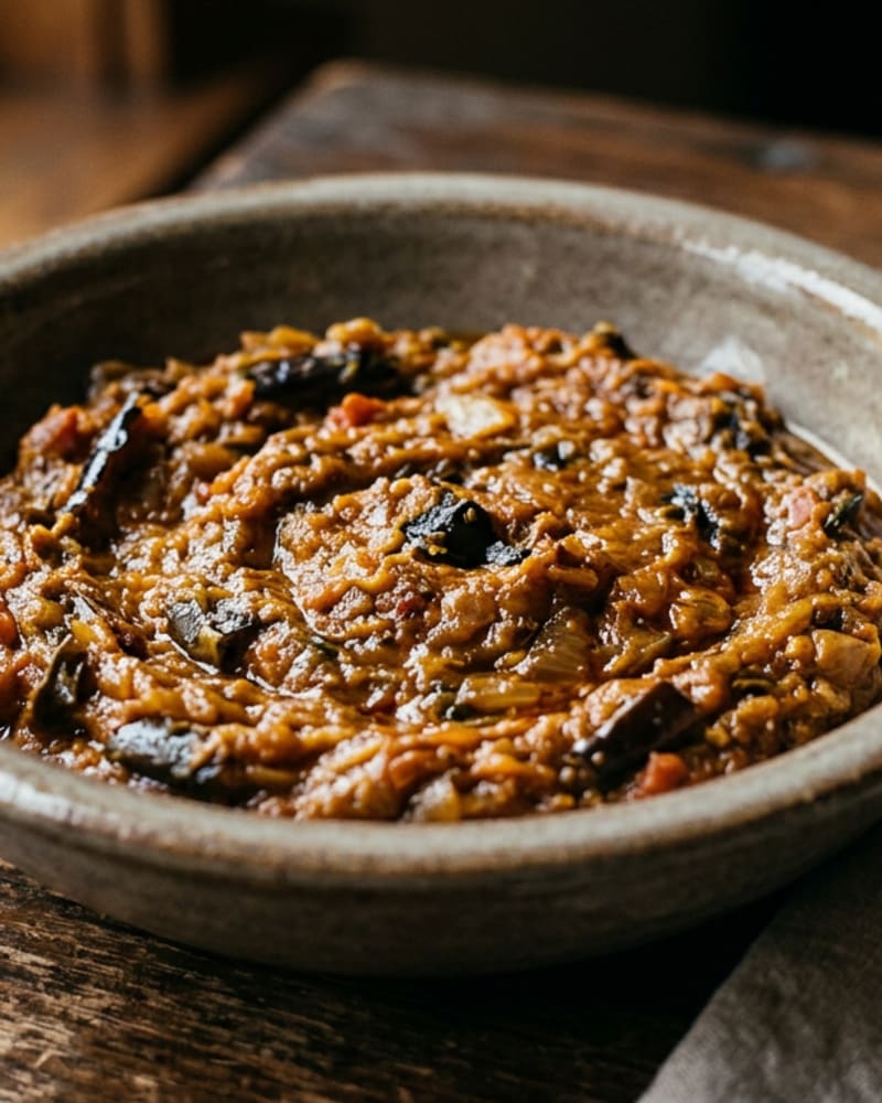 Baingan bharta recipe in a rustic stoneware bowl: smoky mashed eggplant with tomato, onion and flecks of charred skin