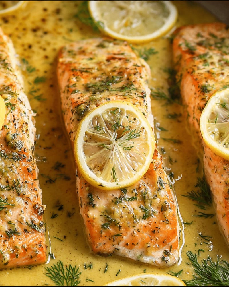 Baked salmon with lemon dill: fillets topped with lemon slices and fresh dill in a pale yellow pan sauce