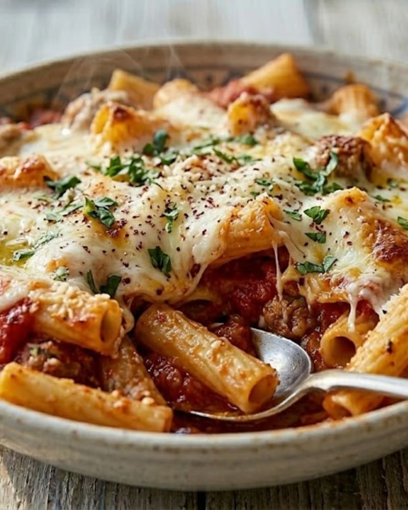 Baked ziti recipe in a bowl: tube pasta in meat sauce under browned mozzarella and parsley, a spoon lifting a serving