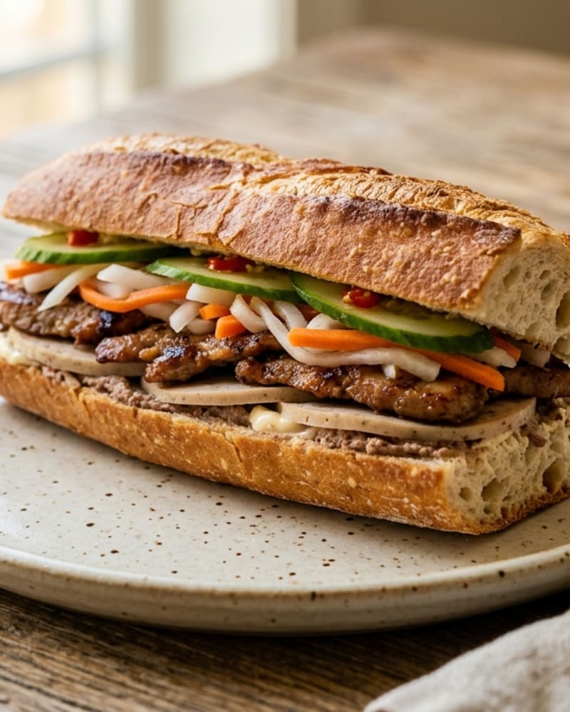 Banh mi thit recipe sandwich on a crusty baguette with sliced meat, pickled carrot, cucumber and chili, on a speckled plate