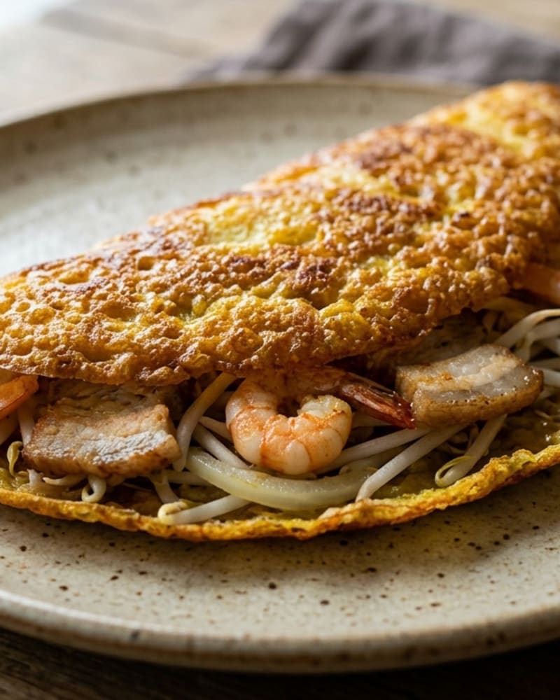 Banh xeo: a golden folded crepe filled with shrimp, pork belly and bean sprouts on a speckled stoneware plate