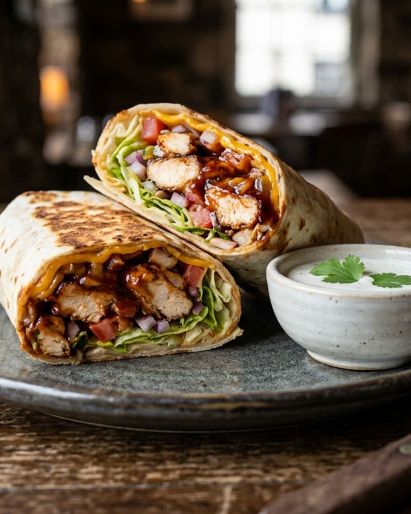 BBQ chicken wraps cut in half showing saucy chicken, cheddar, lettuce, tomato and onion, with a small bowl of ranch