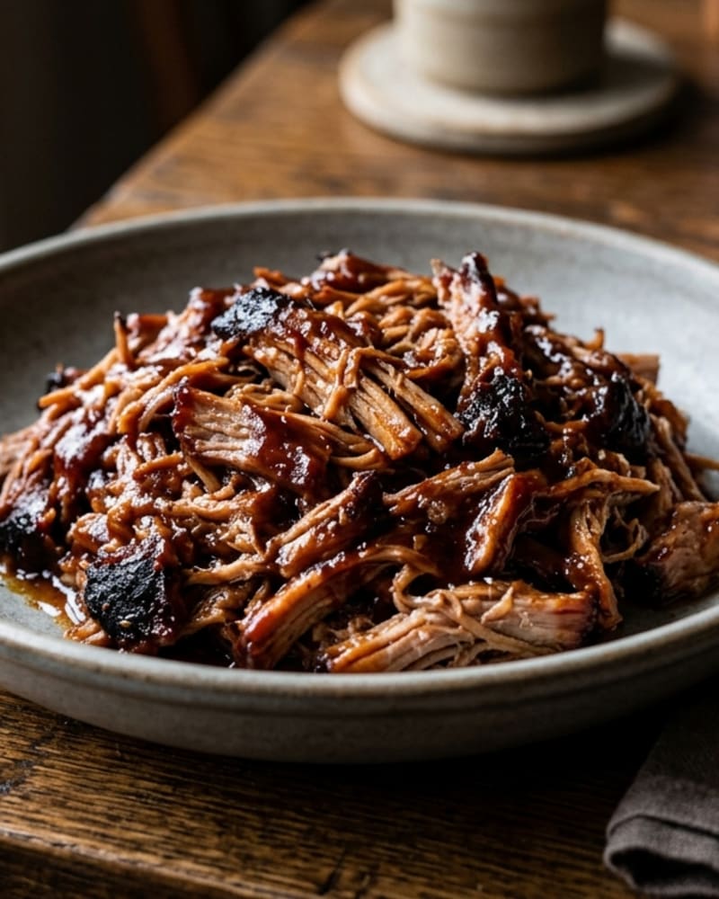 BBQ pulled pork piled in a gray bowl, glossy with sauce and dark crisp edges, on a wooden table