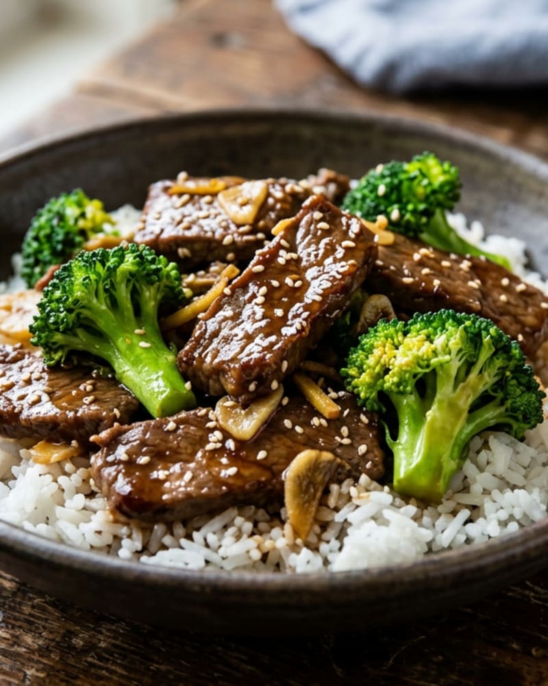 Beef and broccoli stir-fry over white rice in a dark bowl, glossy sliced beef with broccoli florets, garlic and sesame seeds