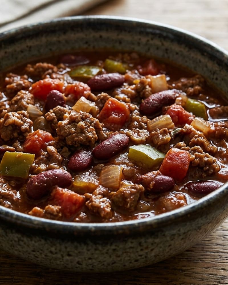 Beef chili in a speckled stoneware bowl, with kidney beans, diced tomato, onion and green pepper pieces