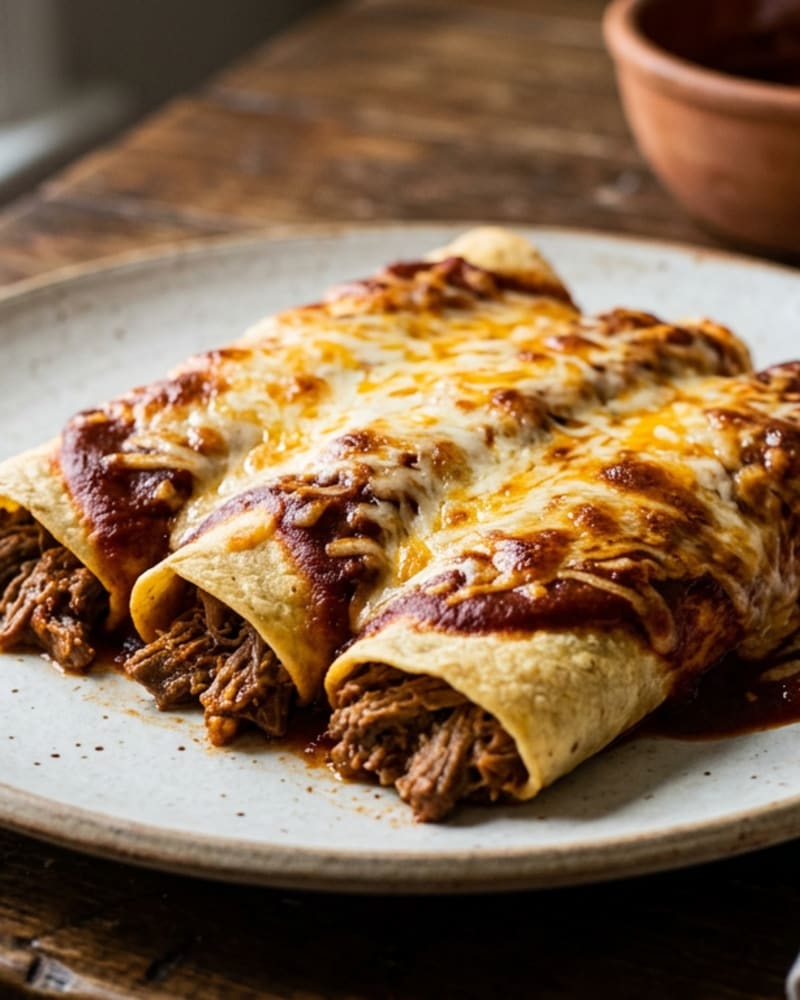 Beef enchiladas topped with red sauce and browned melted cheese, with shredded beef spilling from the rolled tortillas