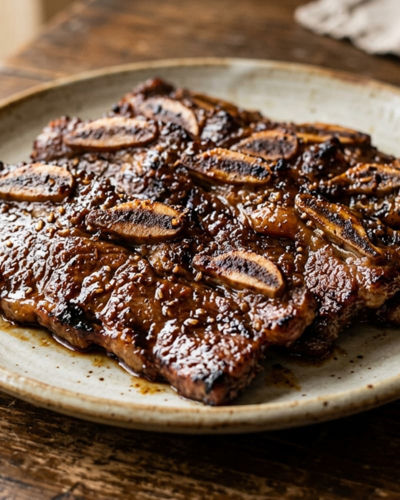Beef galbi short ribs glazed dark and sticky with sesame seeds and char marks on a cream plate