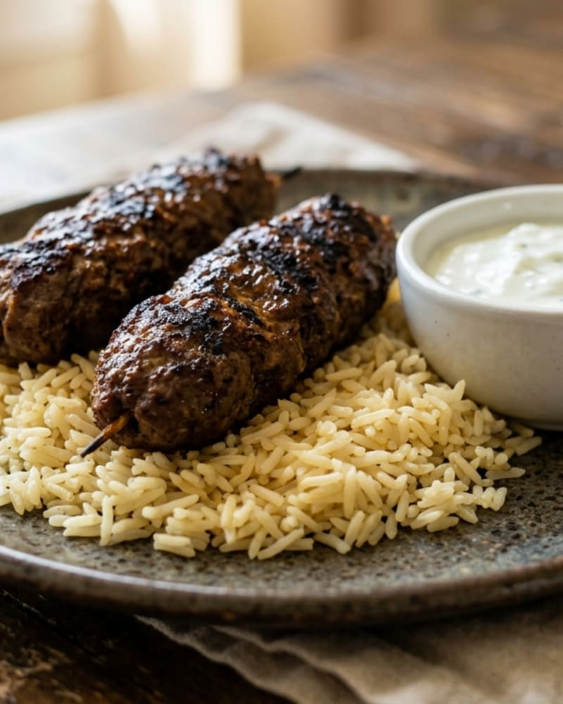 Beef kofta recipe: two charred kofta on skewers over basmati rice with a small bowl of herbed yogurt