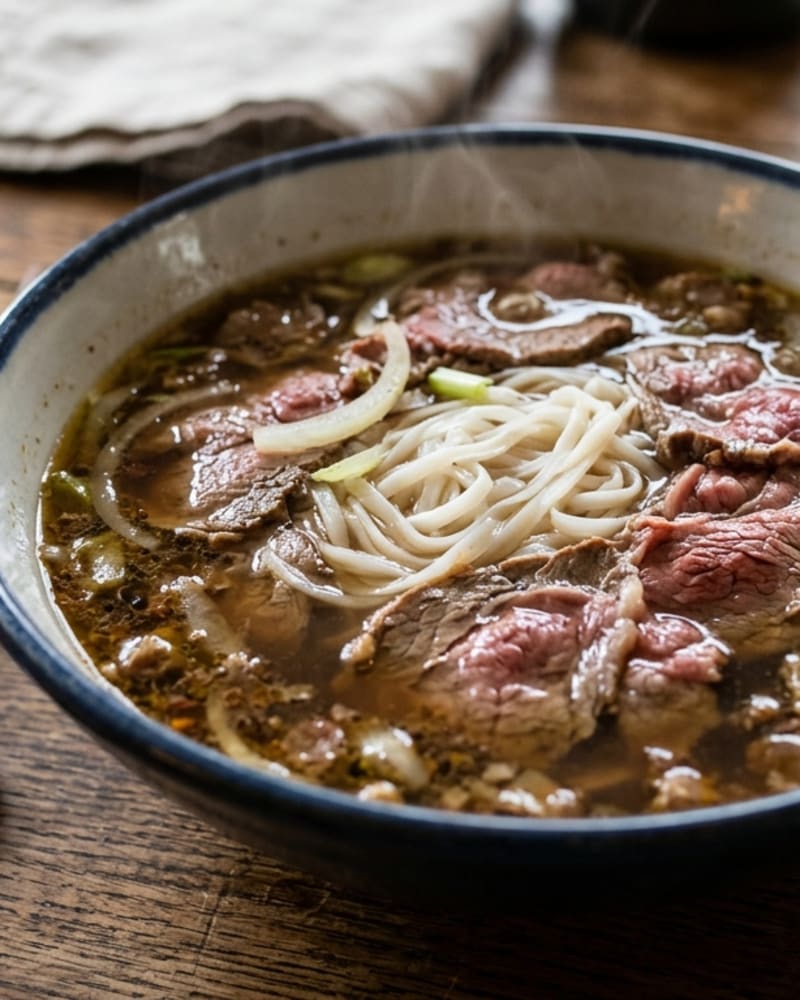 Beef pho in a blue-rimmed bowl with rice noodles, thin slices of rare beef, onion and scallion in dark steaming broth