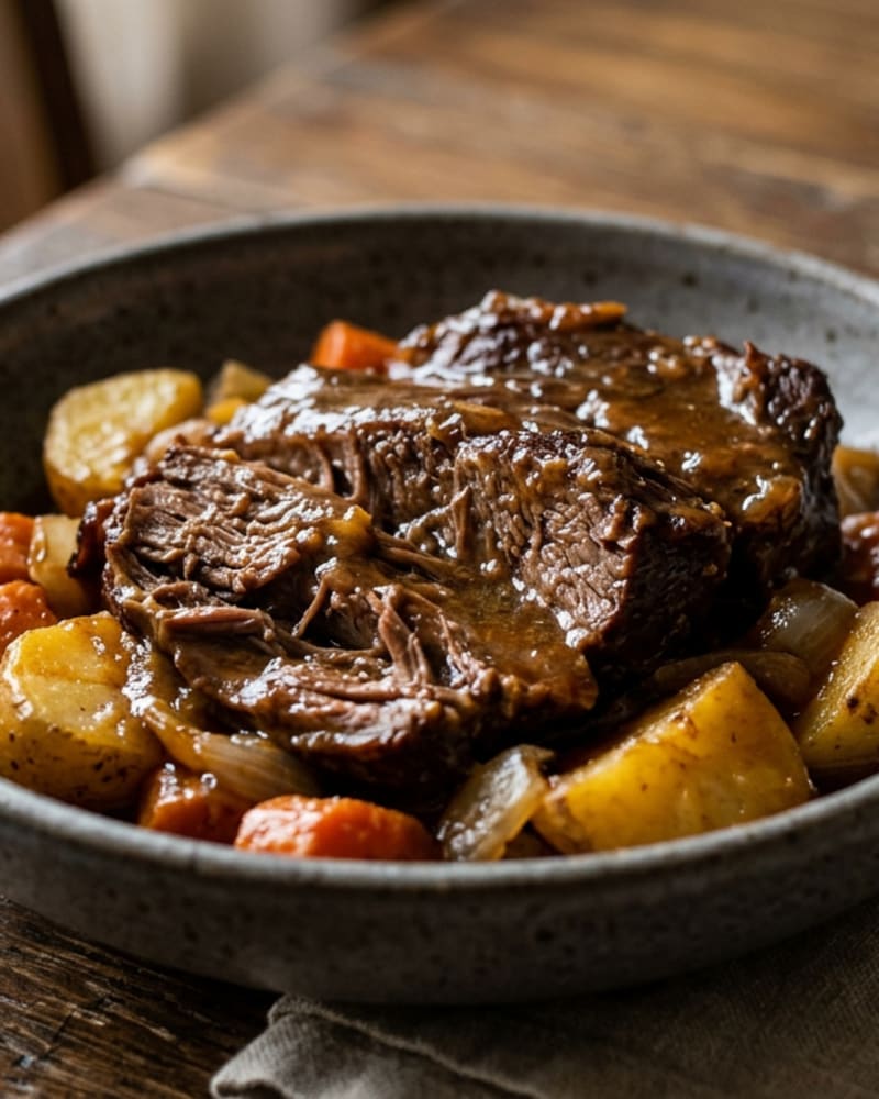 Pot roast: shredded chuck beef glazed in gravy, with potato chunks, carrots and onion in a gray stoneware bowl