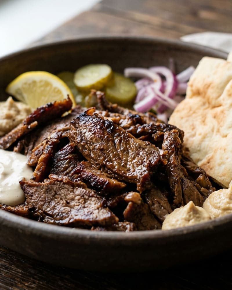 Browned slices of beef shawarma in a dark bowl with hummus, garlic sauce, pickles, red onion, a lemon wedge and pita