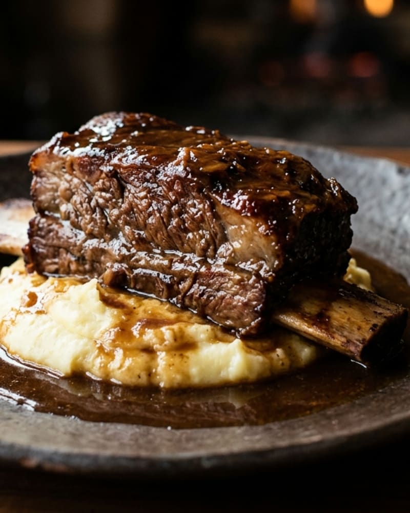 A braised bone-in beef short rib glazed in dark sauce, resting on creamy mashed potatoes on a dark plate