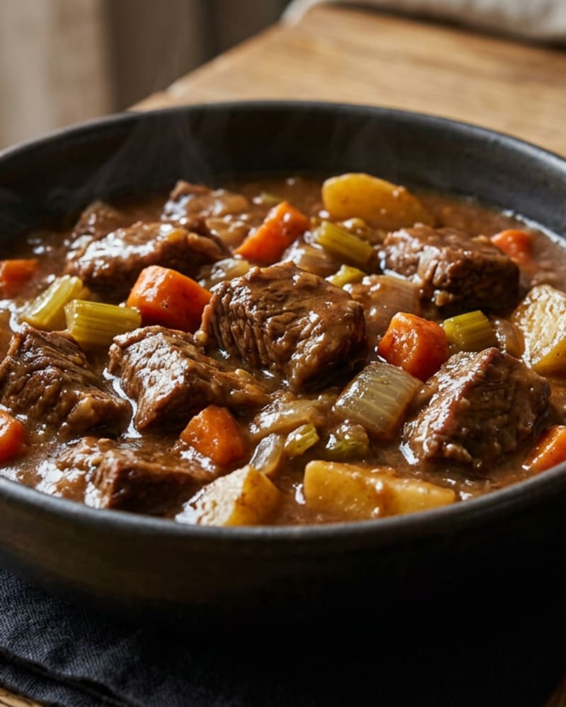 Beef stew in a dark bowl with chunks of beef, carrot, potato, celery and onion in thick brown gravy