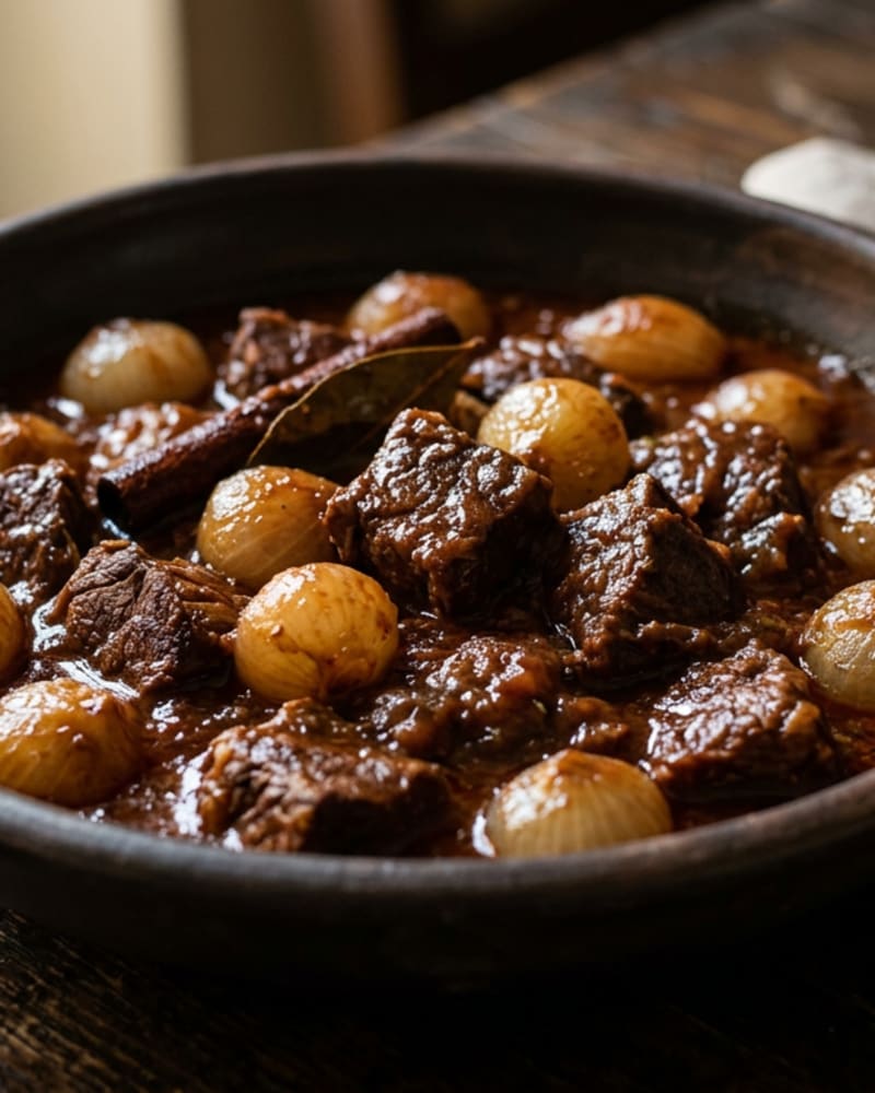Beef stifado in a dark bowl with chunks of beef, glossy pearl onions and a cinnamon stick in tomato sauce