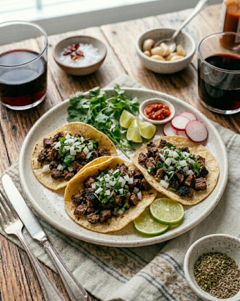 Beef street tacos on corn tortillas topped with diced onion and cilantro, with lime wedges, radishes and salsa on a plate