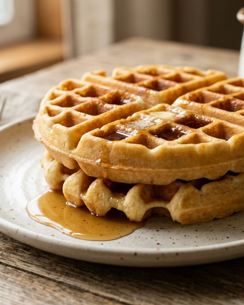 Stack of golden Belgian waffles on a speckled plate with melting butter and maple syrup pooling beneath