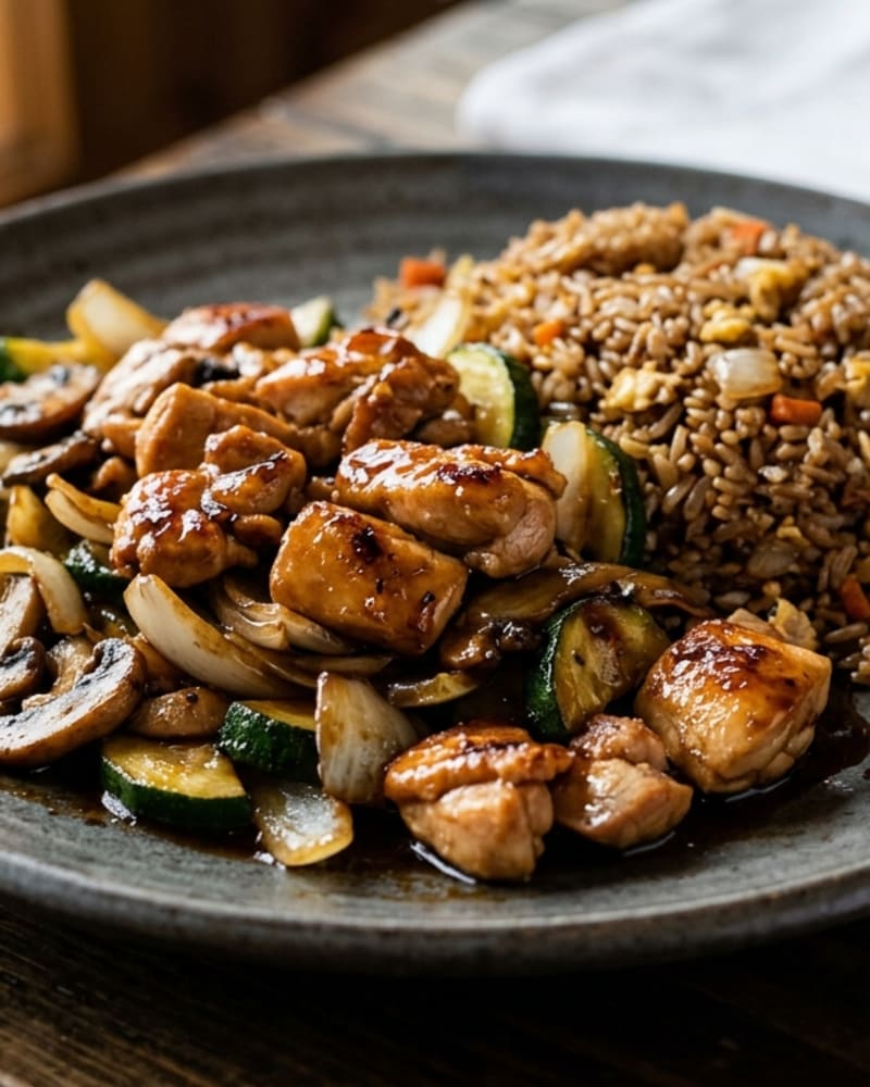 Benihana-style hibachi chicken with browned chicken, zucchini, onion and mushrooms beside fried rice on a dark plate