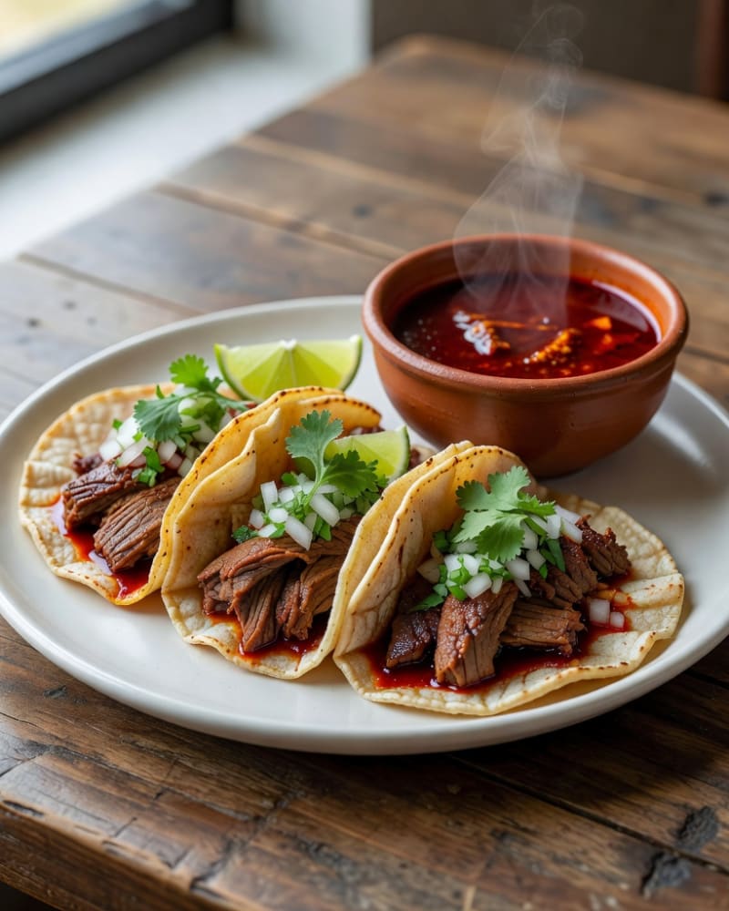 Three birria tacos with shredded beef, onion, cilantro and lime beside a clay cup of red consommé for dipping