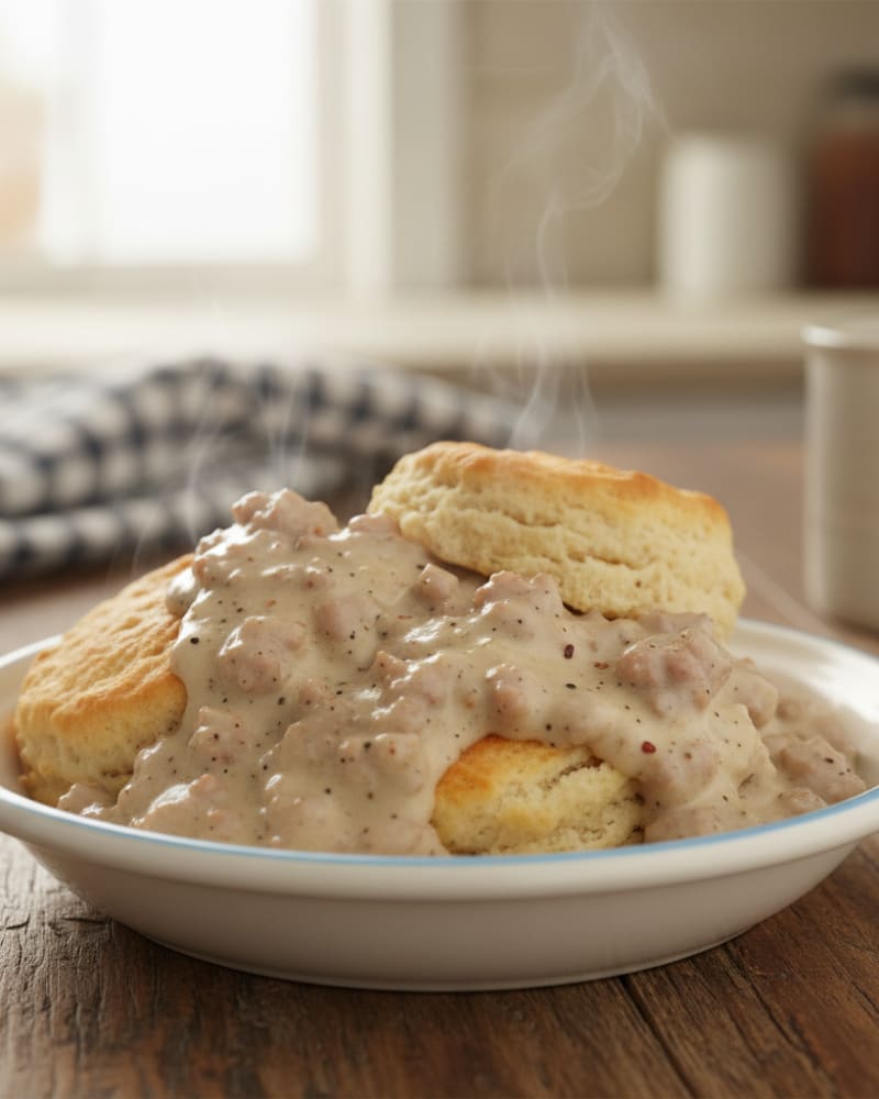 Split golden biscuits under peppery sausage gravy on a white plate with a blue rim, steam rising