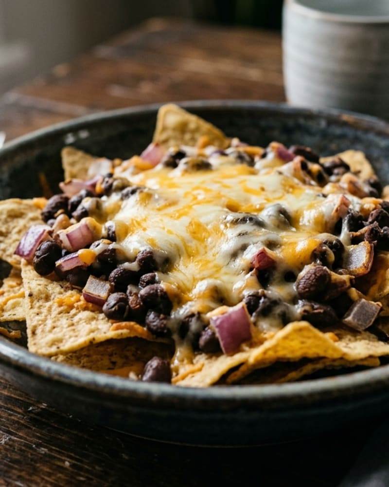 Black bean nachos recipe in a dark stoneware bowl, tortilla chips under melted cheese, black beans and diced red onion