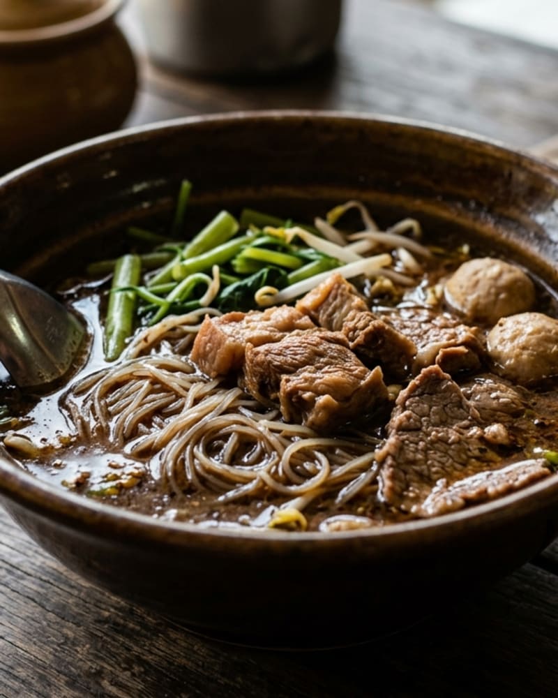 Boat noodles recipe bowl: dark broth with thin rice noodles, sliced beef, meatballs, bean sprouts and greens
