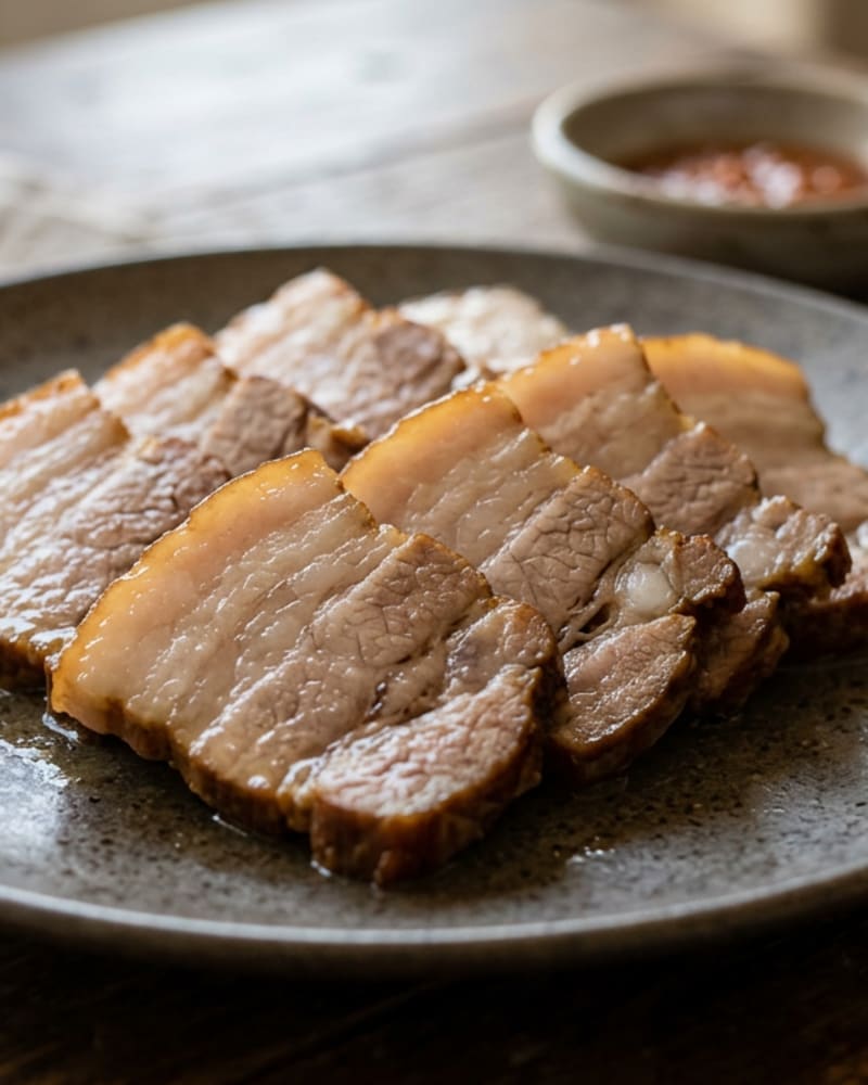 Bossam recipe pork belly slices fanned on a gray plate with a small dish of red sauce behind