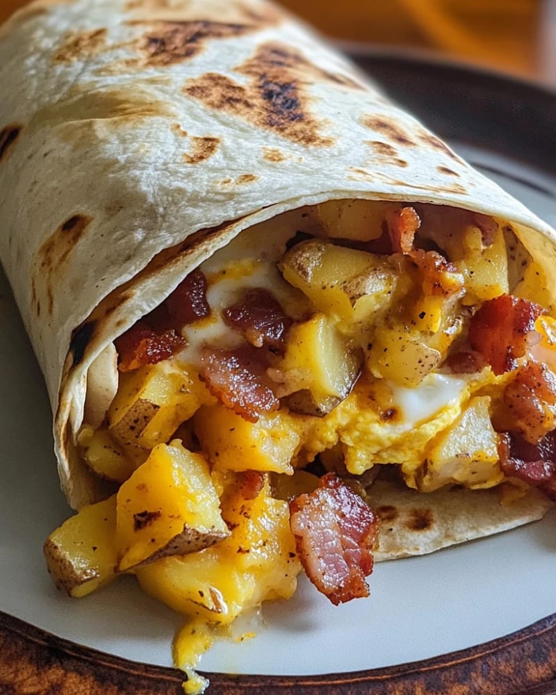 Griddled flour tortilla burrito on a plate, open at the end to show scrambled egg, bacon, cheddar and potato