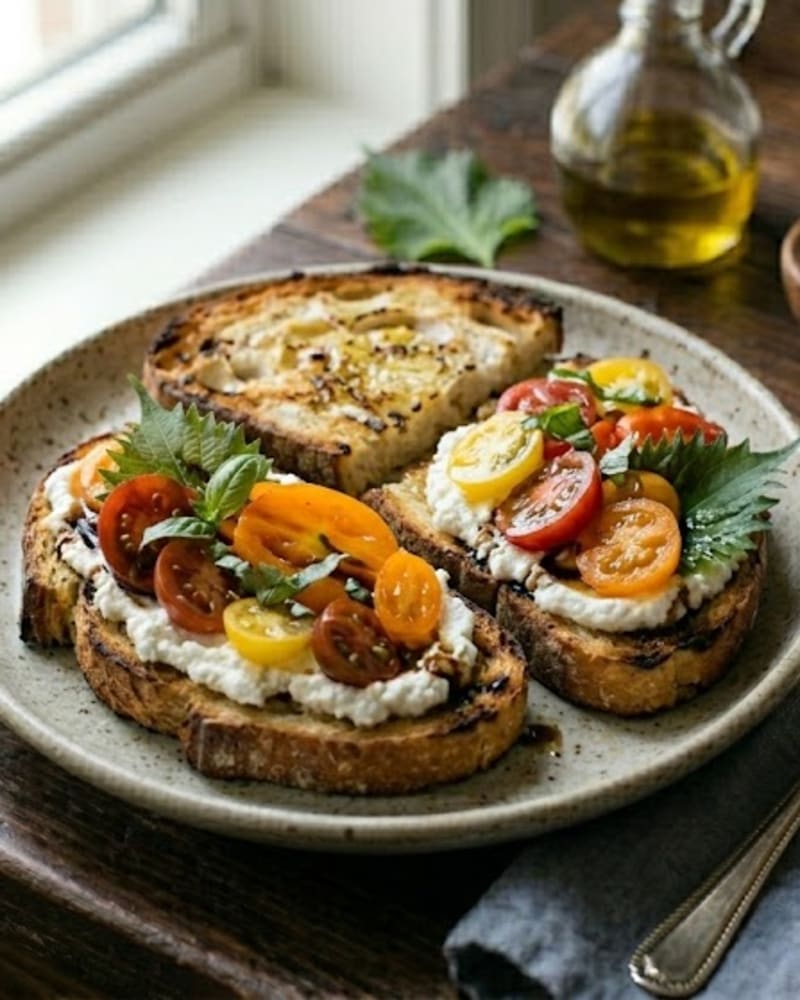 Ricotta bruschetta on charred toast topped with halved red and yellow cherry tomatoes and basil, olive oil bottle behind