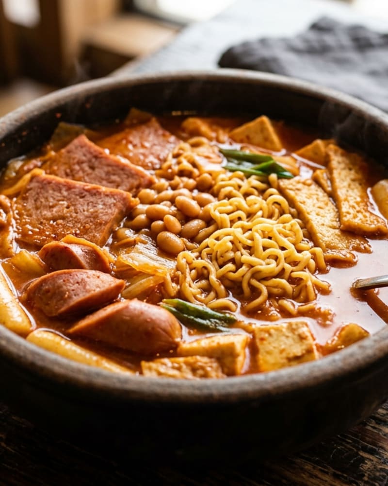 Budae jjigae recipe: red stew in a dark bowl with sliced Spam, sausage, tofu, ramen noodles and beans