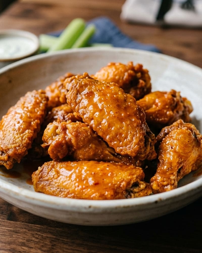 Buffalo chicken wings glazed in orange sauce in a cream bowl, with celery sticks and ranch behind