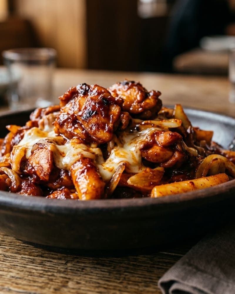 Buldak recipe: glossy red chicken pieces with onion and melted cheese in a dark bowl on a wooden table