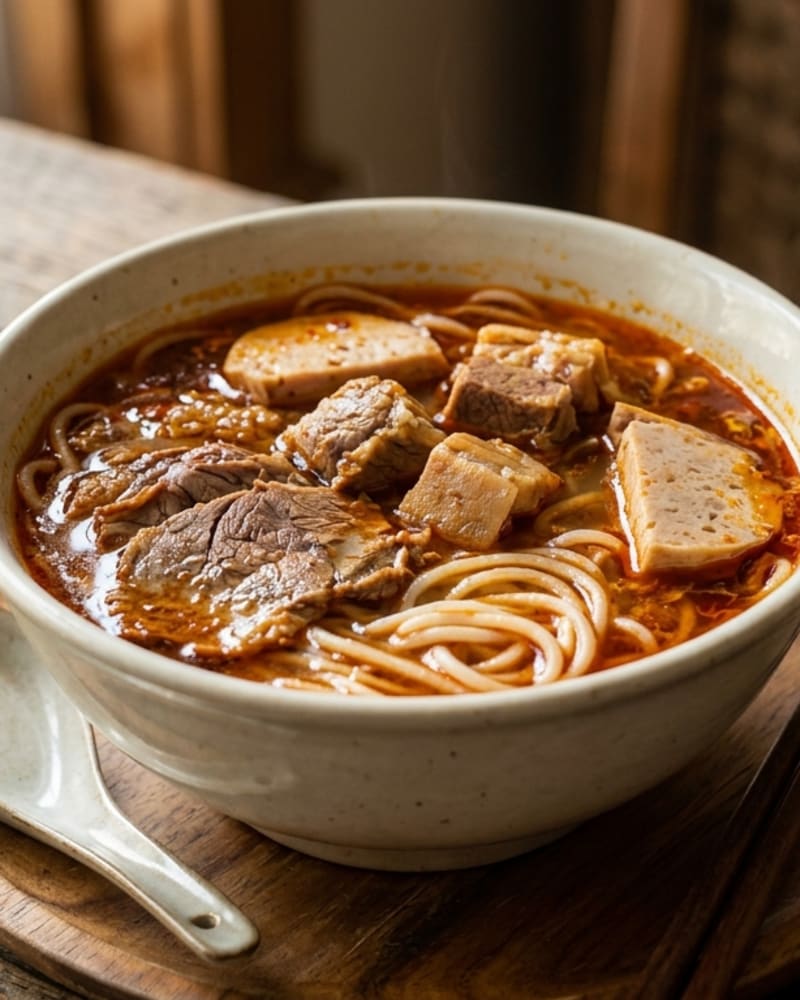 Bun bo hue recipe in a cream bowl: red chili broth, rice noodles, chunks of beef and pale sliced pork roll
