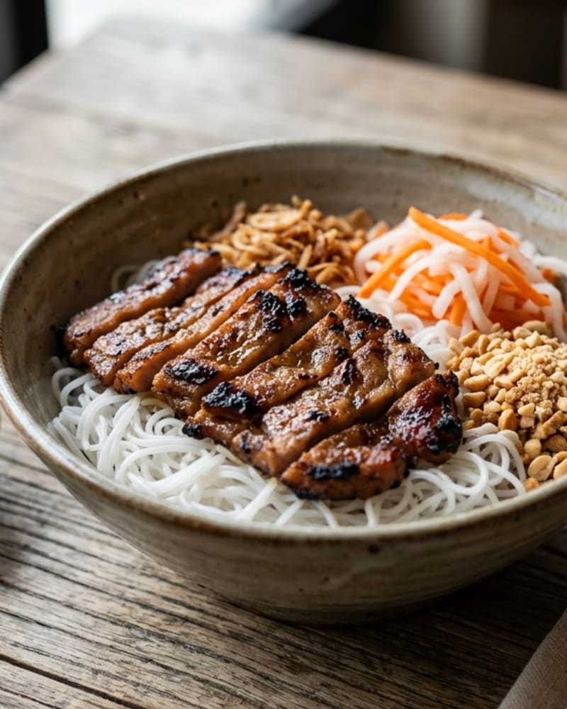 Bun thit nuong recipe: sliced charred pork over rice vermicelli with pickled carrot, peanuts and crispy shallots