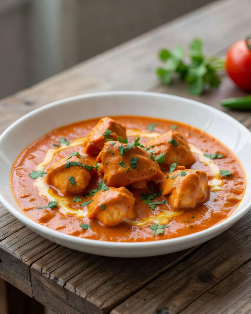 Butter chicken recipe: chicken pieces in an orange creamy sauce with cilantro in a white bowl on a wooden table
