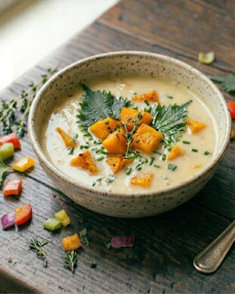 Butternut squash soup recipe: pale creamy soup in a speckled bowl topped with diced squash, chives and dark leaves