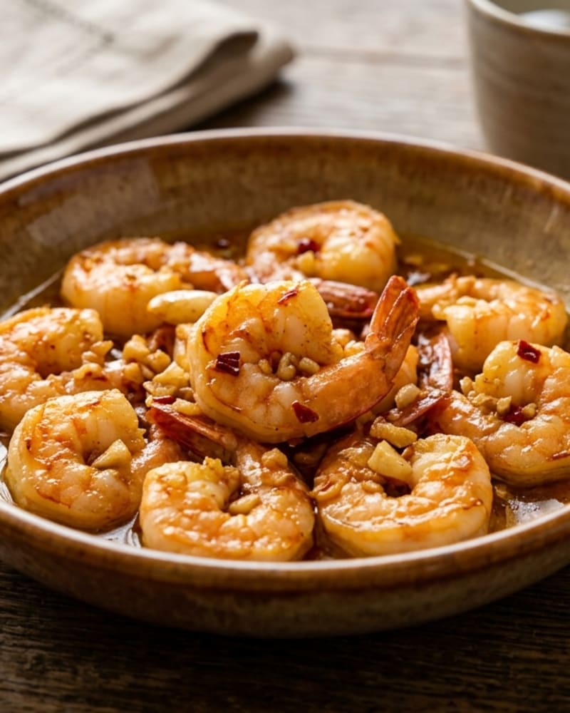 Camarones al ajillo shrimp glossy with oil, minced garlic and red chili flakes in a shallow stoneware bowl