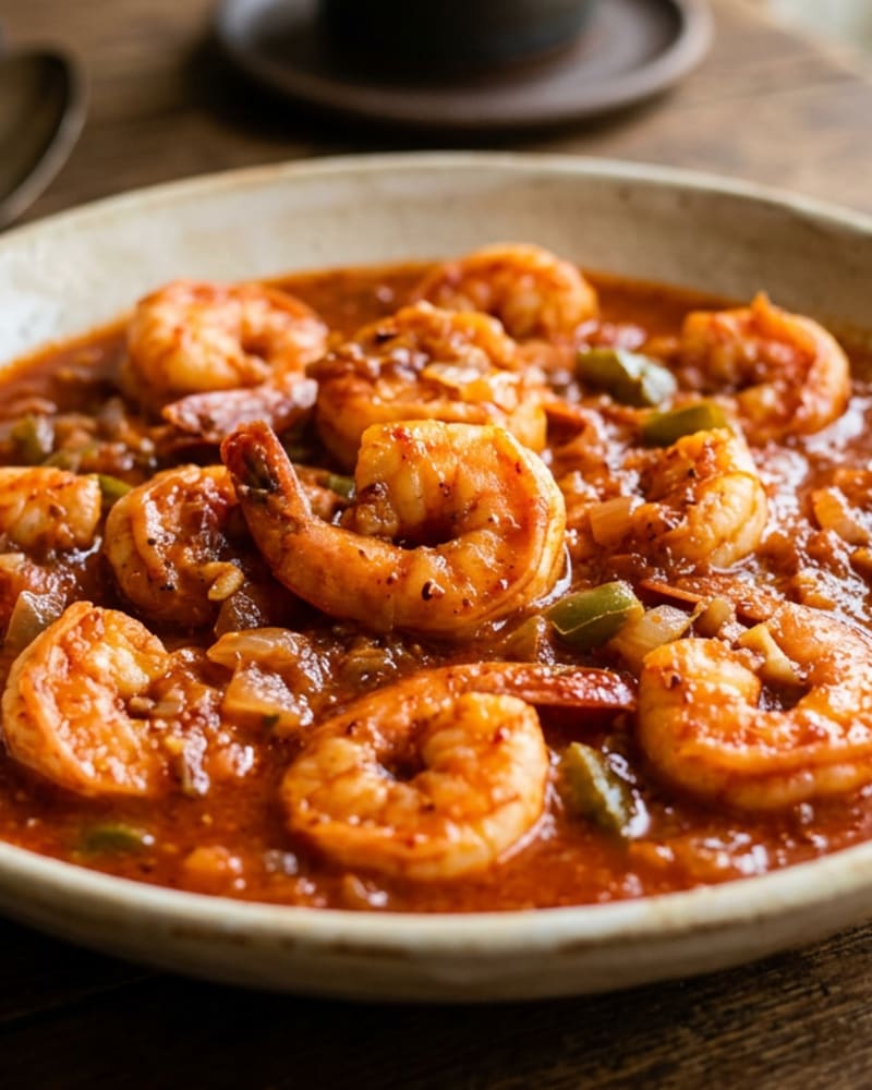Camarones enchilados recipe: shrimp in a red tomato sauce with green bell pepper and onion in a cream ceramic bowl