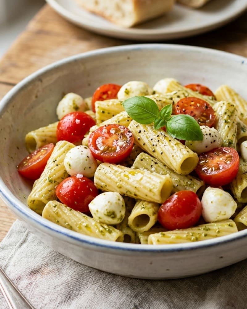 Caprese pasta salad in a stoneware bowl with rigatoni, mini mozzarella balls, halved cherry tomatoes and a basil sprig