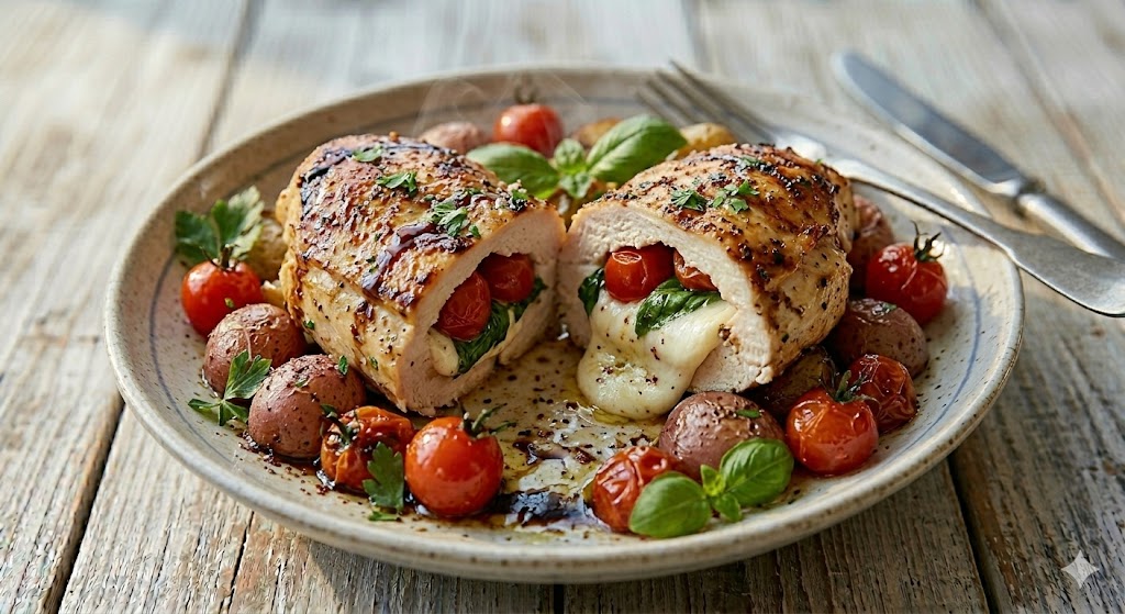 Caprese stuffed chicken, a real dinner ordered through Walmart grocery delivery
