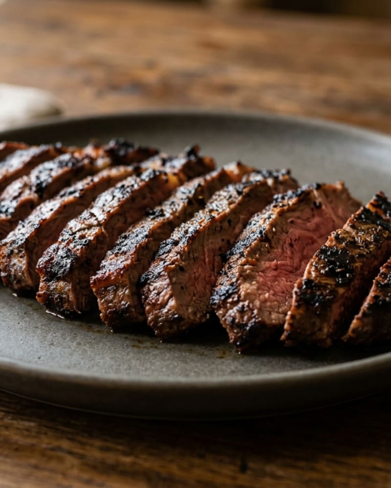 Carne asada recipe result: charred flank steak sliced against the grain, pink inside, on a gray plate on a wooden table